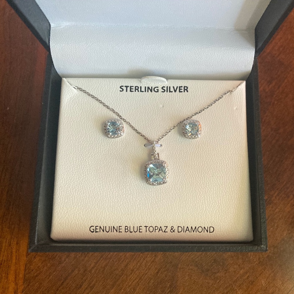 NWT Sterling Silver Blue Topaz Earring & Necklace Set